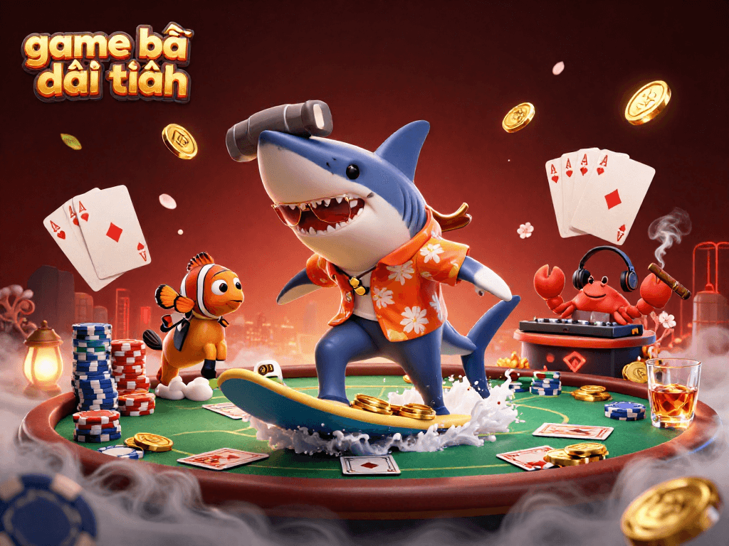 Experience thrilling game bài đổi thưởng action with a shark, clownfish, and crab DJ in a vibrant casino scene.