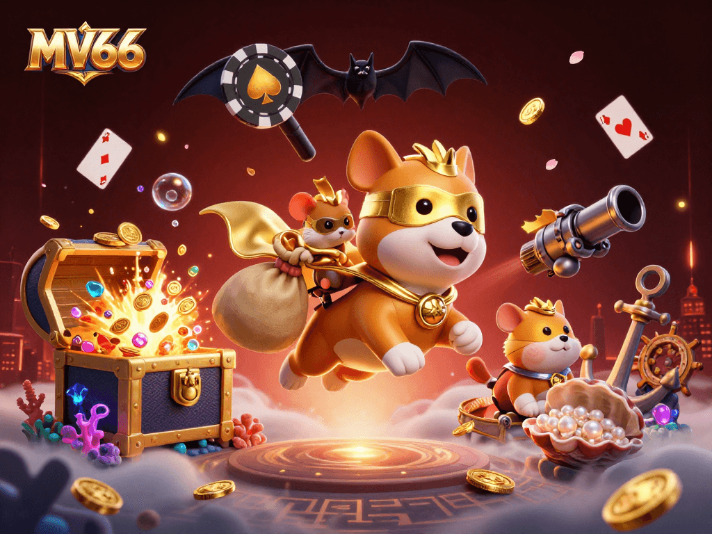 MV66 offers thrilling gambling experiences with a cartoon superhero dog and hamster amidst casino excitement.
