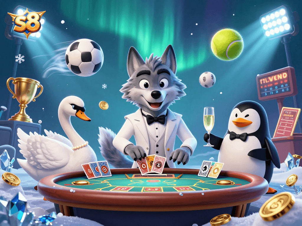 S8 sports betting excitement with a debonair wolf, elegant swan, and penguin serving champagne at a vibrant casino table