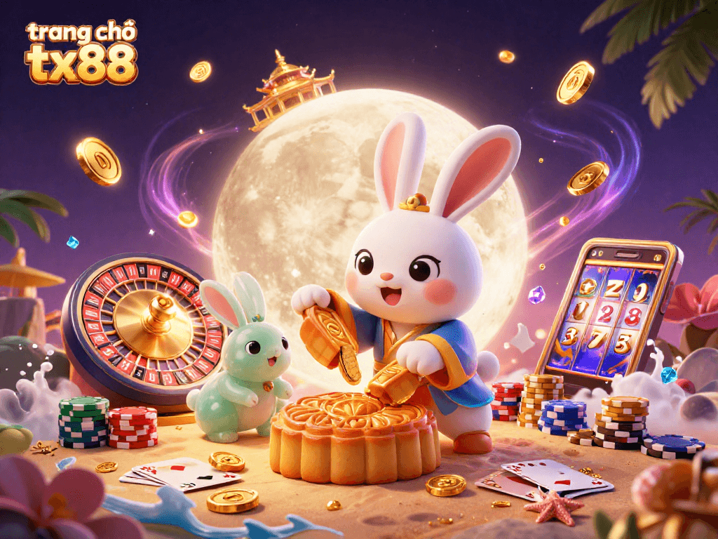 Experience excitement at trang chủ tx88 with a whimsical moon rabbit and vibrant casino elements.
