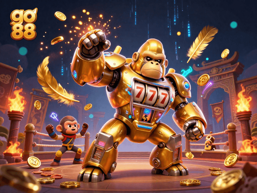 Engage with go 88 in this dynamic casino scene featuring a golden gorilla mech and vibrant game elements.