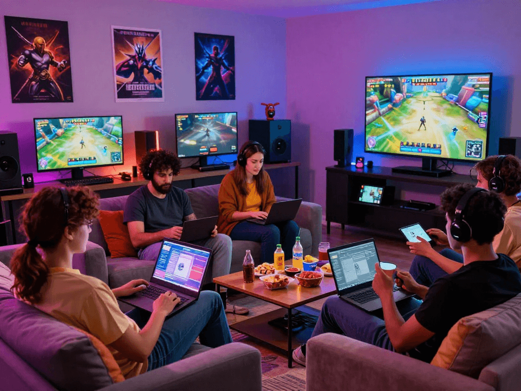 Engaged adults playing online porn games on multiple devices in a vibrant gaming lounge
