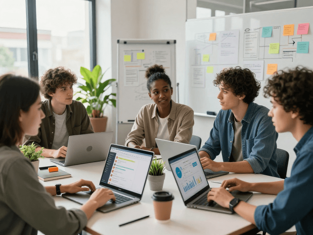 Engaging group discussing juicy chat technology in a modern office environment.