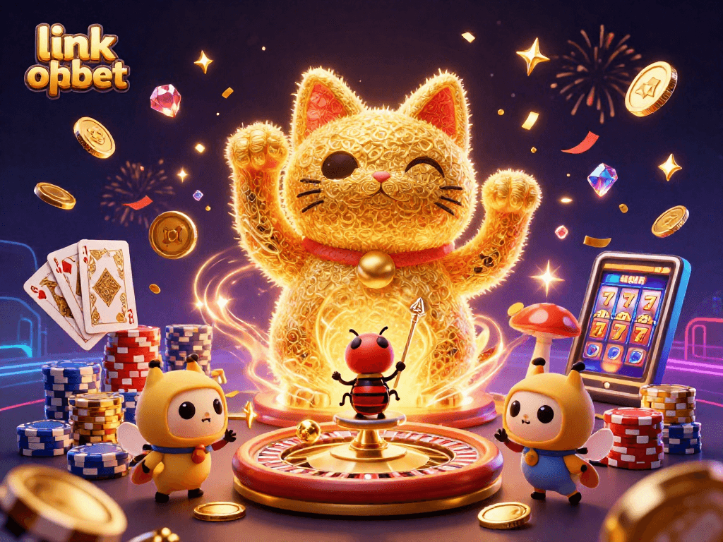 Experience winning moments at link oxbet, a vibrant 3D illustration of a lucky cat and casino elements.