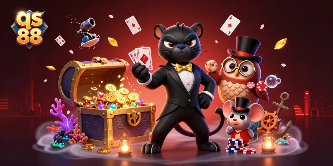 Play cards and win big with qs 88 in this lively 3D casino illustration!