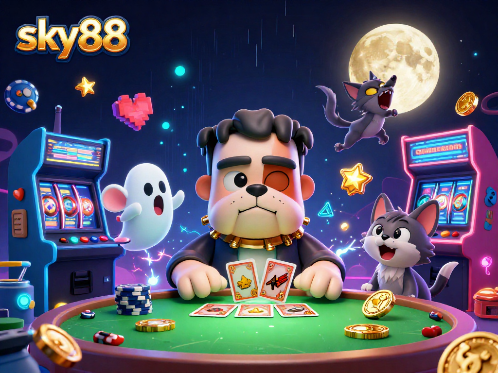 Engage with the vibrant world of sky88 as a playful monster deals cards amid animated casino elements.