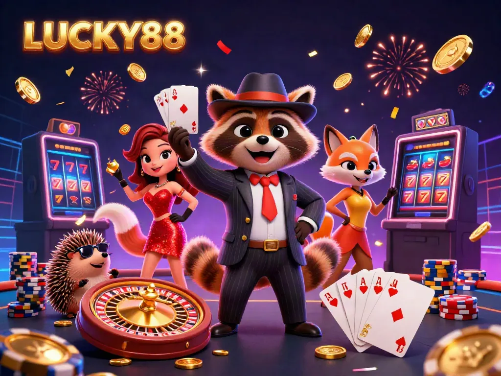 Join LUCKY88 for thrilling casino games with a charming raccoon, fox, and hedgehog!