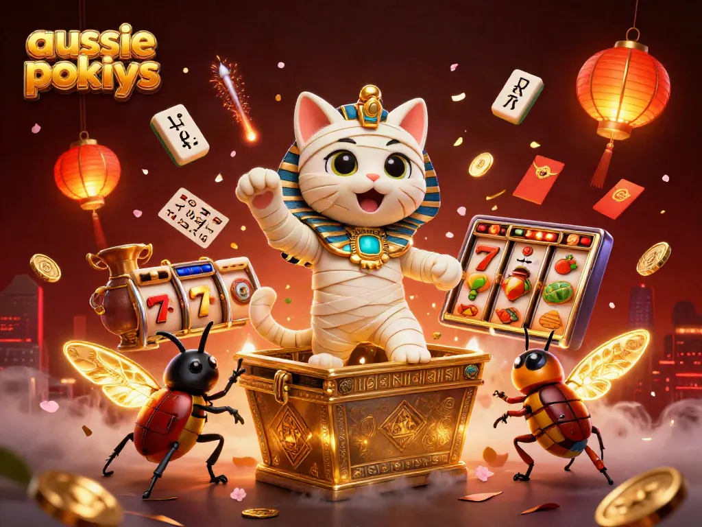 Aussie pokies showcase a vibrant 3D scene with a mummy cat, scarab beetle, and dynamic slot reels.