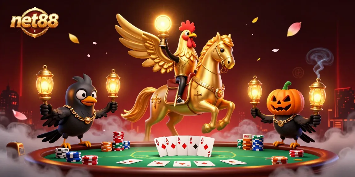 Experience net88's vibrant casino scene with a golden rooster and poker elements.