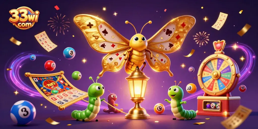 Play and win with 33win com in a vibrant, glittering casino-themed digital scene, showcasing exciting game elements.