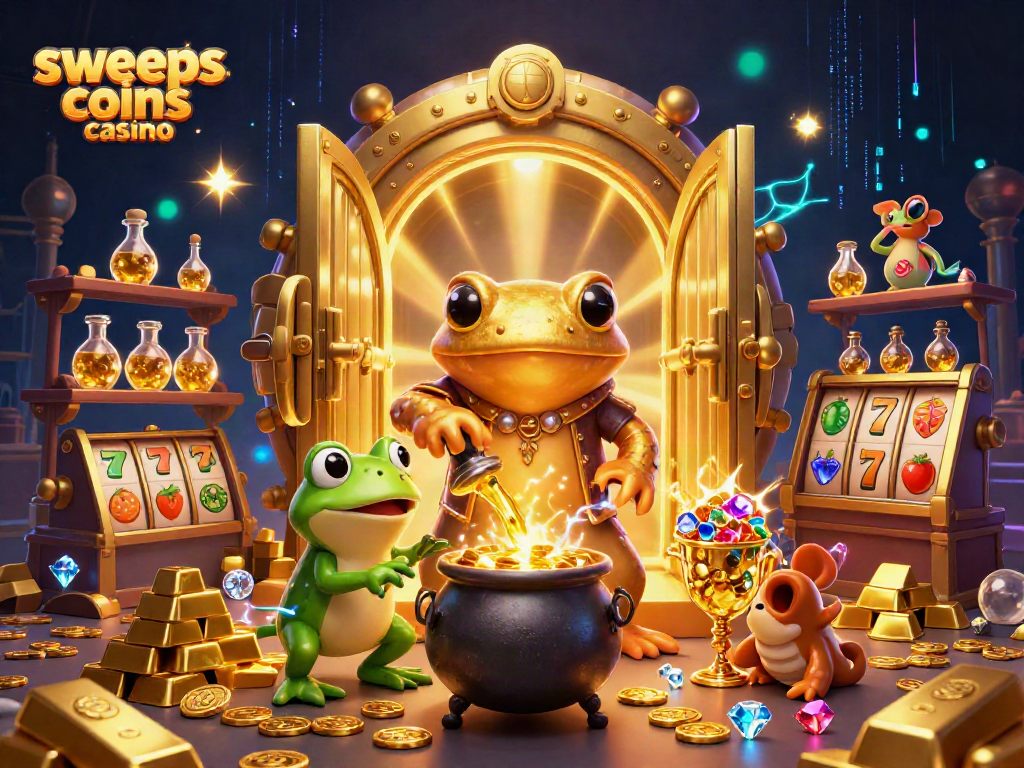 Engage in the vibrant realm of sweeps coins casino with a magical alchemist transforming base metals into gold.