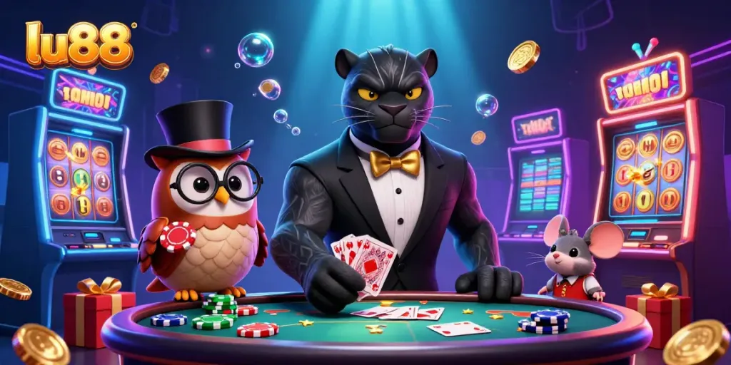 Experience the thrill at lu88 with a stylish cartoon panther dealer and whimsical characters among dynamic casino elements.