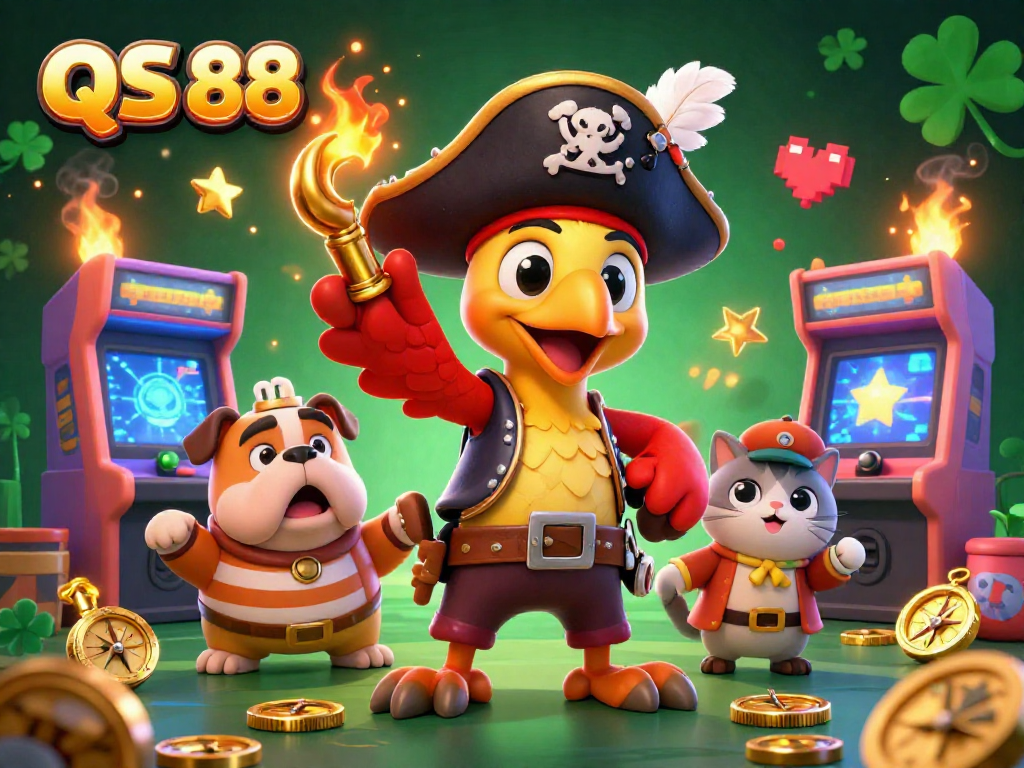 Experience high-stakes excitement with QS 88 in this vibrant casino-themed illustration featuring animated characters and gaming elements.