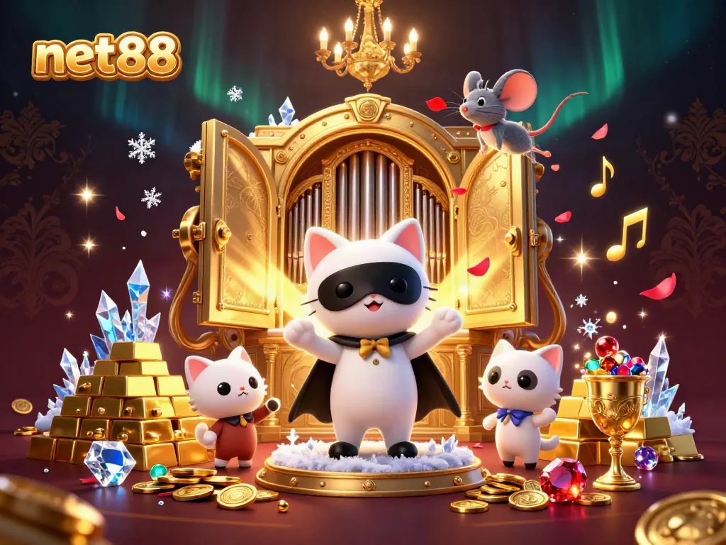 Experience thrilling gaming at net88 with a whimsical scene featuring a masked cat at a lavish casino organ.