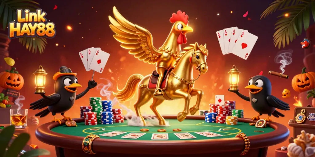 Experience the magic of Link HAY88 with a vibrant 3D illustration of casino characters and poker elements.