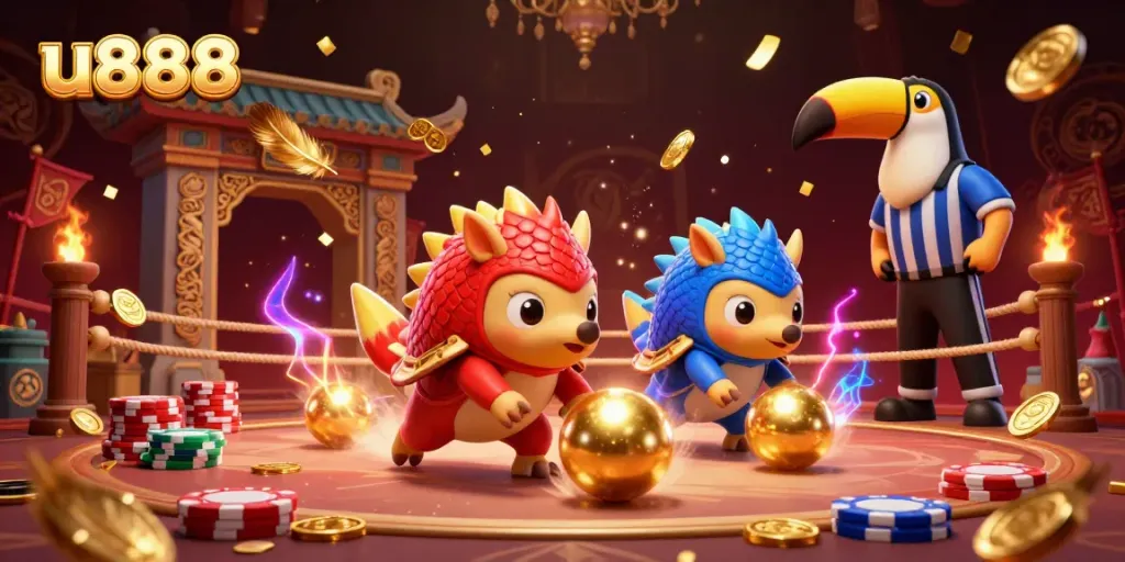 Experience thrilling rivalry with u888's 3D pangolins in an exciting casino setting featuring poker chips and golden effects.