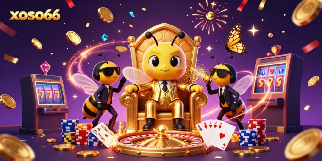 Experience xoso66 action with a buzzing mob boss, vibrant coins, and high-stakes gaming elements.