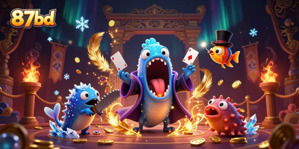 Engage with thrilling casino action featuring 87bd's underwater magic performance, showcasing card tricks and vibrant details.