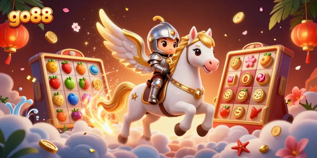 Experience go88 with an enchanted horse and knight, surrounded by vibrant casino game elements and treasures.