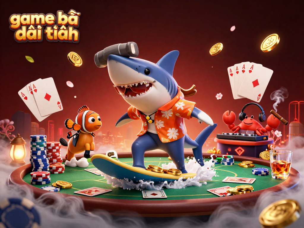 Experience thrilling game bài đổi thưởng action with a shark, clownfish, and crab DJ in a vibrant casino scene.