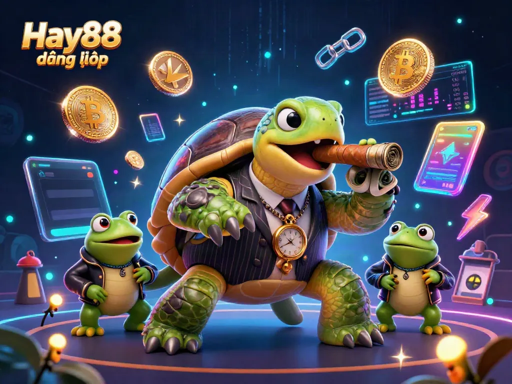 Experience the excitement of Hay88 đăng nhập with vibrant 3D casino illustration of a snapping turtle in a mobster suit.