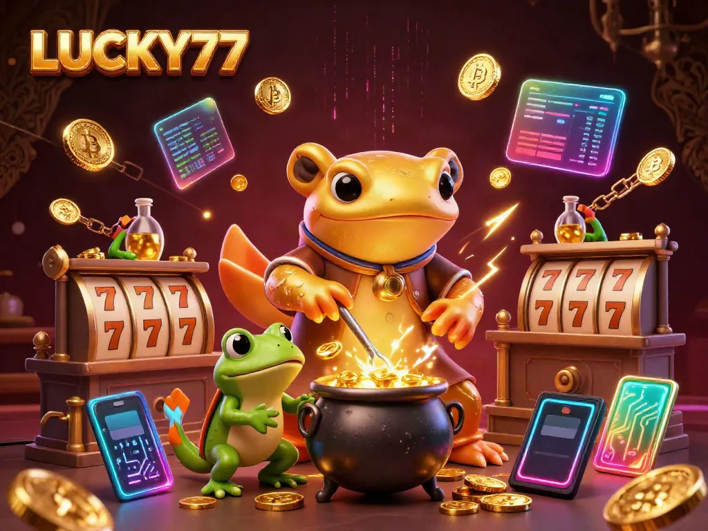 Immerse in LUCKY77's magical casino realm with golden alchemist characters and slot game elements.