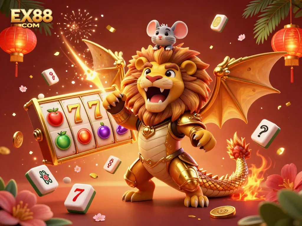 Engage with EX88 COM's thrilling slots featuring a lion-headed chimera and a mouse jockey in a rich casino scene.