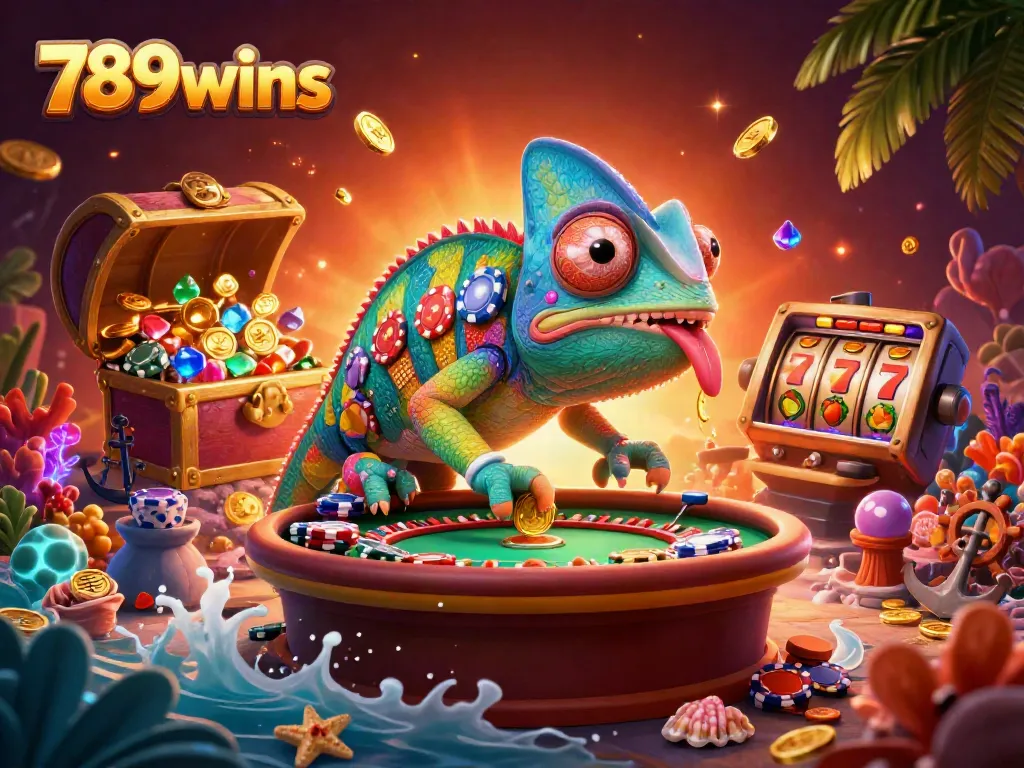 Spin and win at 789wins with vibrant chameleon overseeing a festive casino scene.