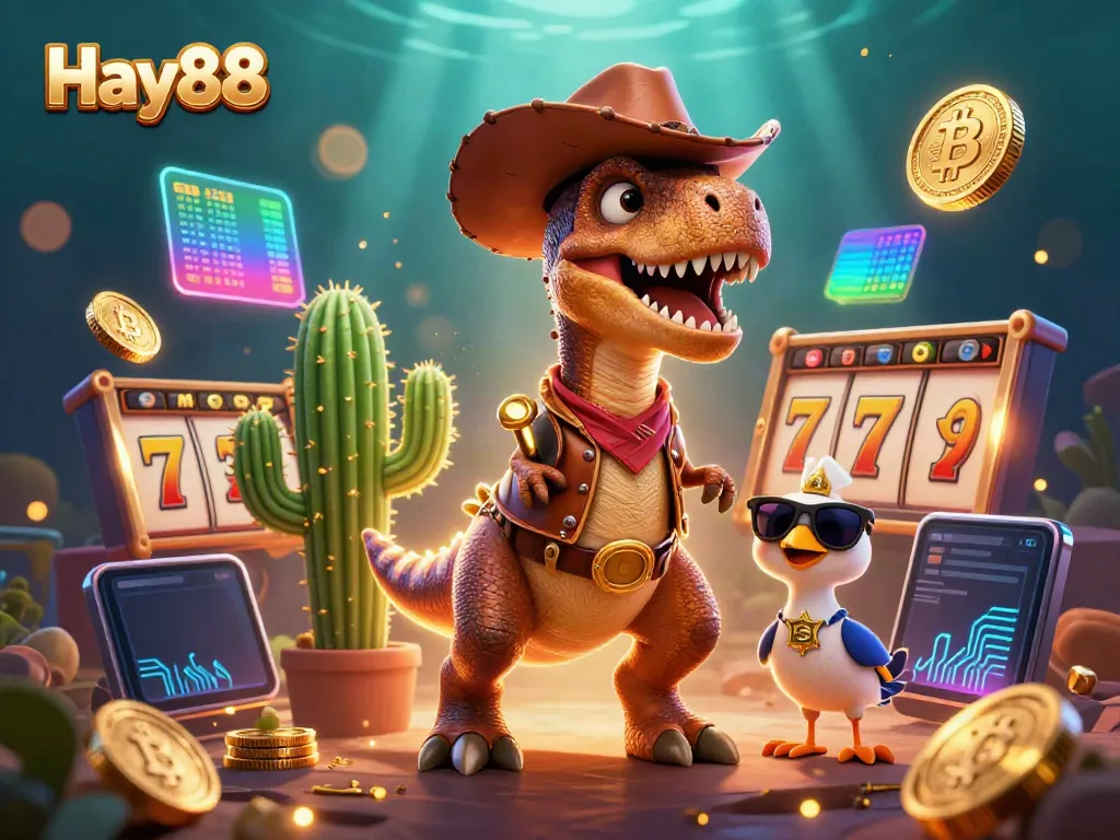Experience thrilling gaming at Hay88 with a vibrant, lively casino scene featuring colorful characters and dynamic elements.