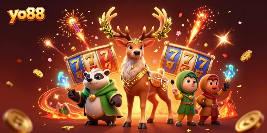 Sparkling slot game adventure with yo88 characters and festive elements in a dynamic casino scene
