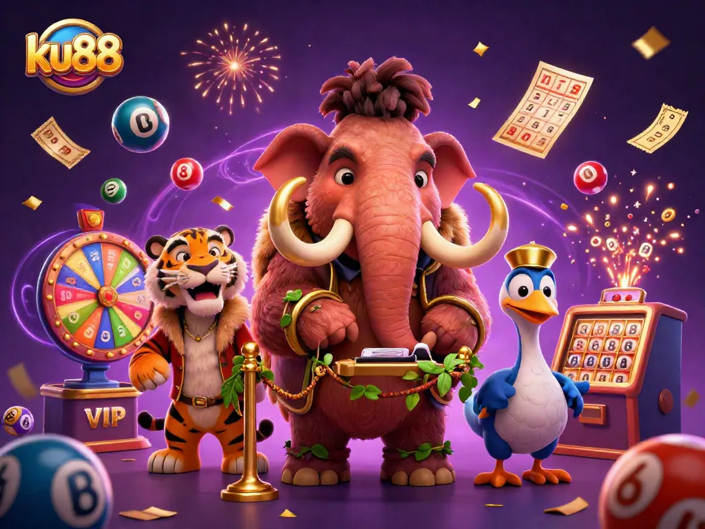 ku88 casino scene with vibrant characters embracing excitement and dynamic lottery action