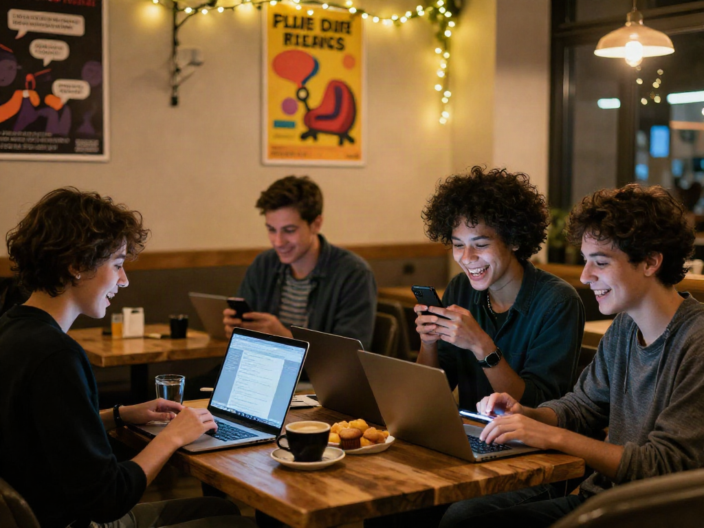 Engaging social scene showcasing sex chat interactions in a cozy urban coffee shop.