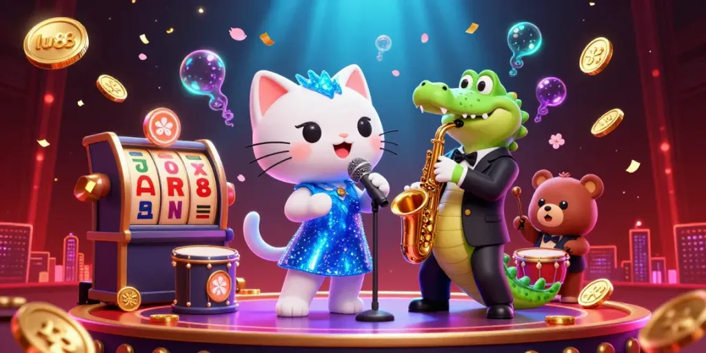 Experience the excitement of lu88 with a jazzy casino scene featuring vibrant characters and casino elements.