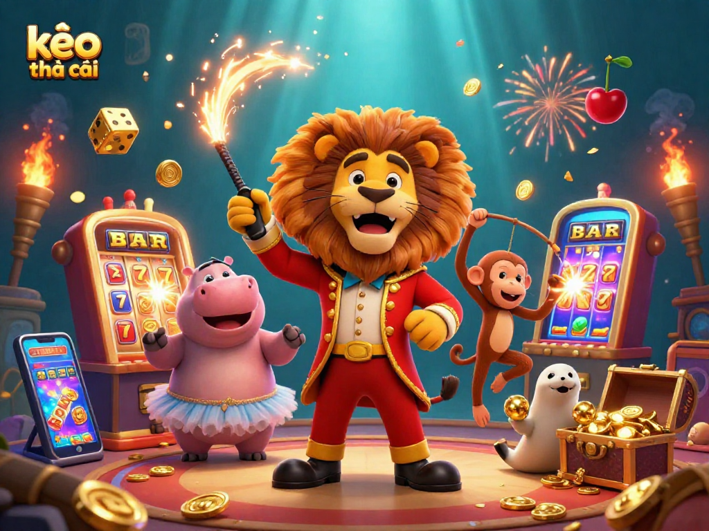 Engage in kèo nhà cái excitement with a vibrant 3D casino illustration featuring animated characters.