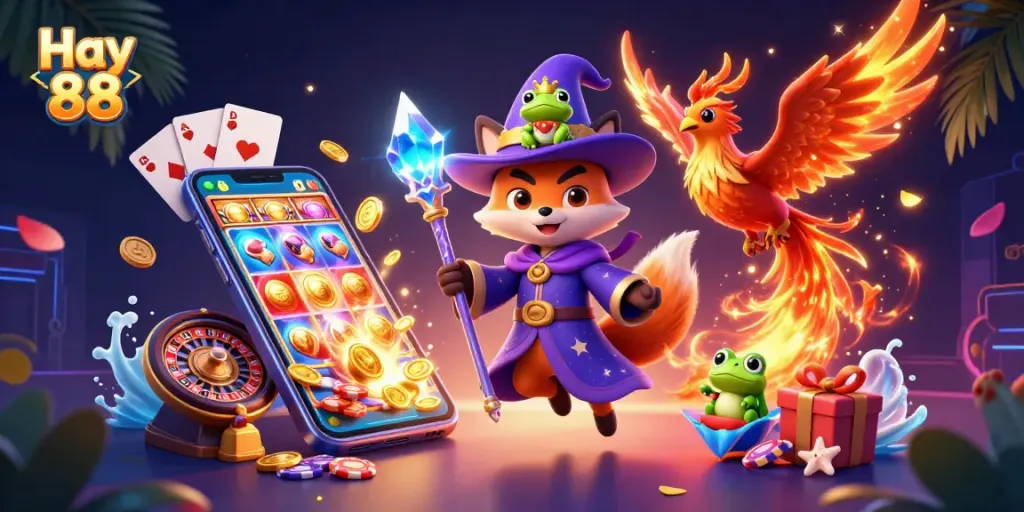 Engage with Hay 88's vibrant gaming universe featuring thrilling slots and a mystical wizard.