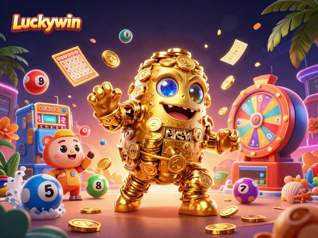 Experience Luckywin's vibrant world of excitement with a golden golem surrounded by lottery and bingo game elements.