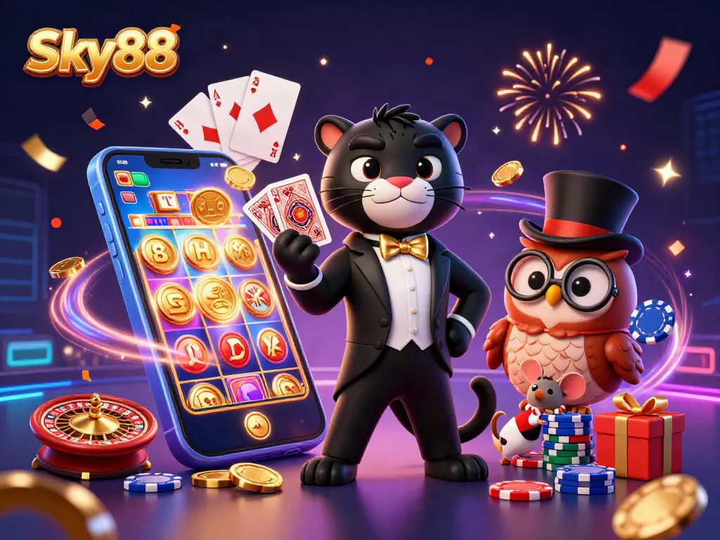 Sky88 brings excitement with a panther dealer, poker owl, and a lucky mouse in a casino setting.