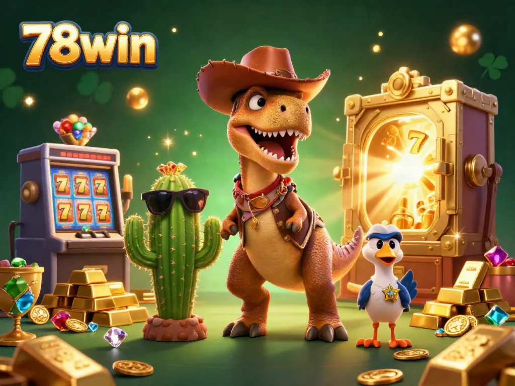 Engage with the colorful world of 78win casino featuring a T-Rex dinosaur and vibrant game elements.