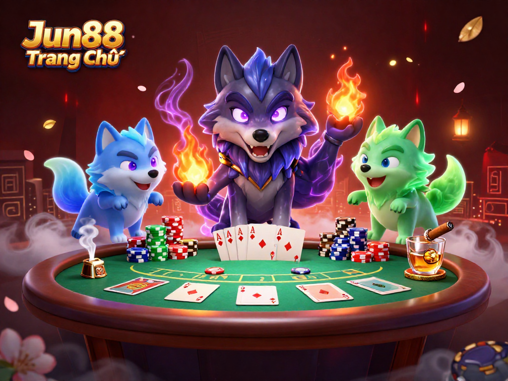Engage with Jun88 Trang Chủ through dynamic poker action, showcasing a powerful wolf theme.