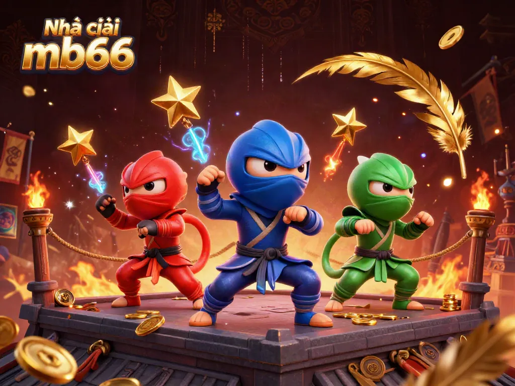Experience thrilling action with Nhà cái mb66 as ninja chameleons engage in martial arts surrounded by casino elements.
