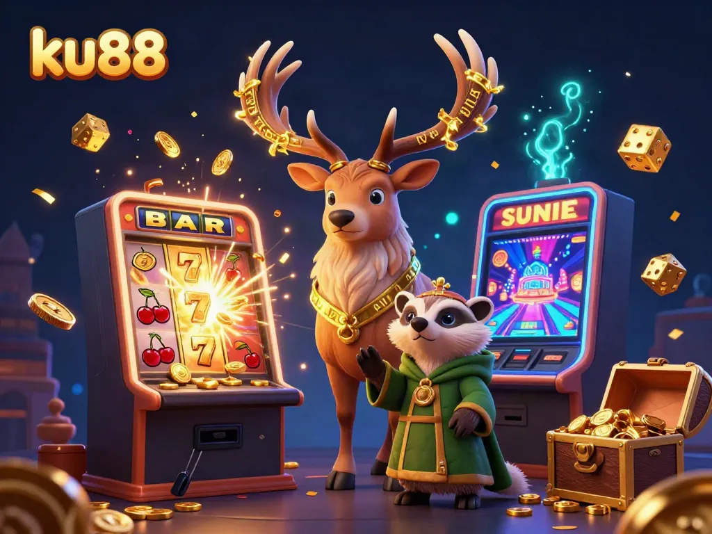 Experience top-notch gambling thrills with ku88's vibrant 3D casino illustration featuring dynamic gaming elements.
