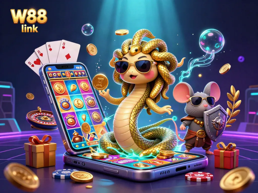 Engage with W88 link in this vibrant casino scene featuring friendly Medusa and dynamic game elements.