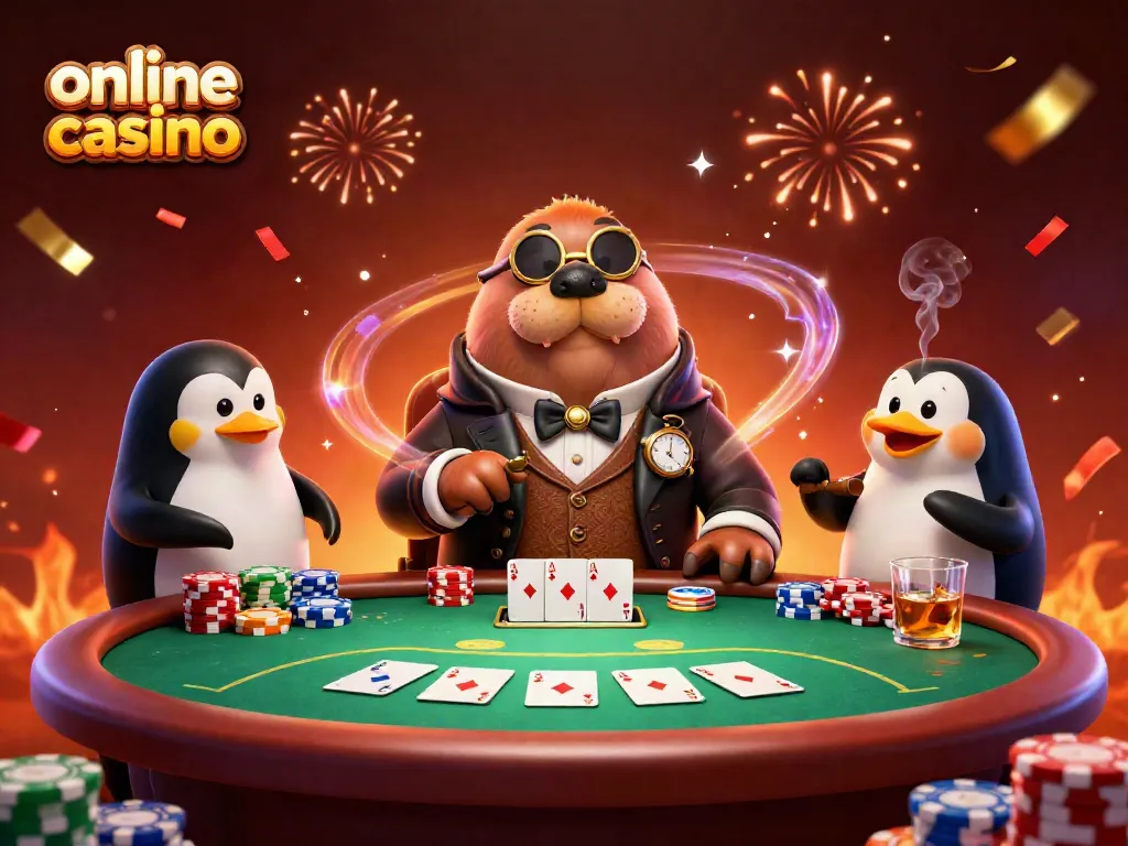 Experience the excitement of an online casino with a jolly walrus, penguin dealer, and pufferfish at an underwater poker table.