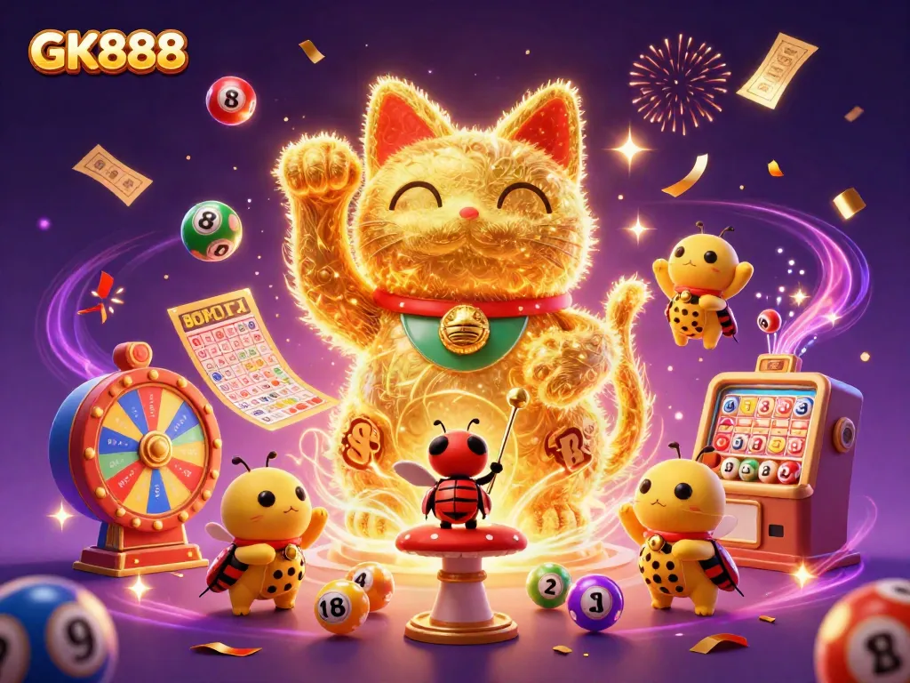 Experience thrilling gameplay with GK888, as colorful lottery balls and golden tickets create a vibrant casino scene.