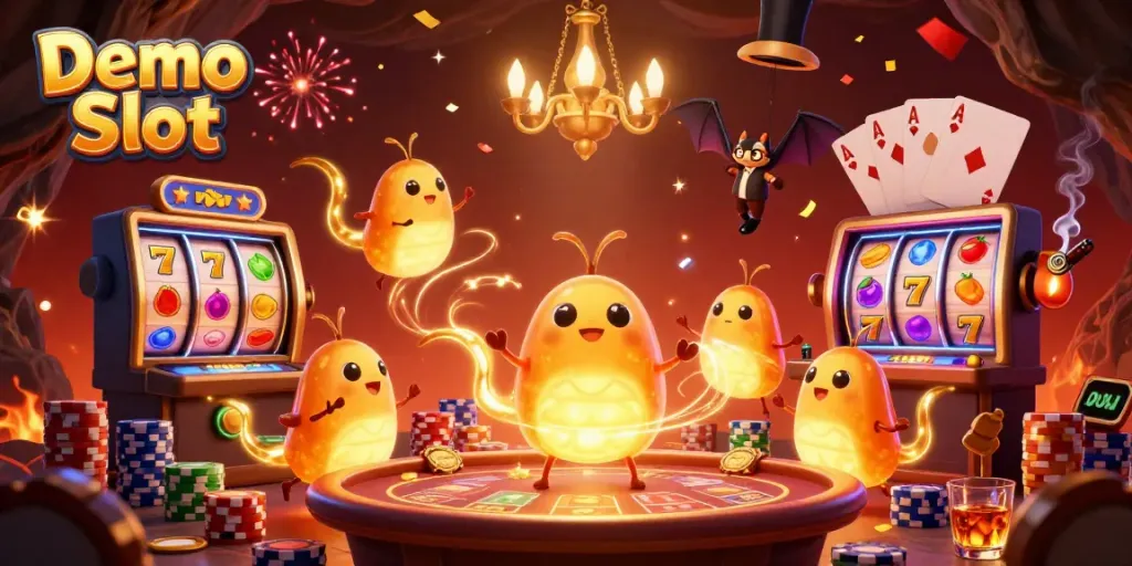 Experience thrilling Demo Slot action amidst lively glowworms lighting a cave casino.