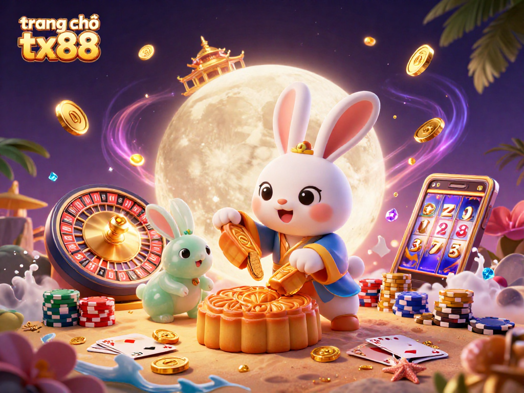 Experience excitement at trang chủ tx88 with a whimsical moon rabbit and vibrant casino elements.