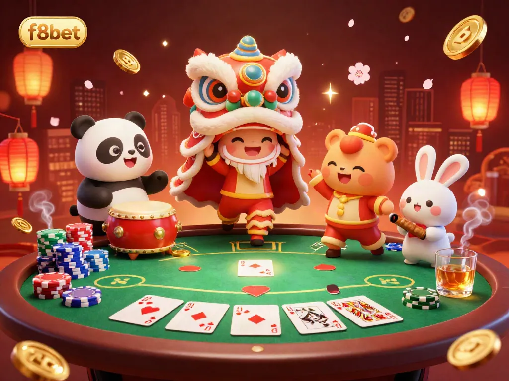 Experience the Chinese New Year festivities with f8bet and a vibrant 3D illustration of a lion dance complemented by gaming elements.