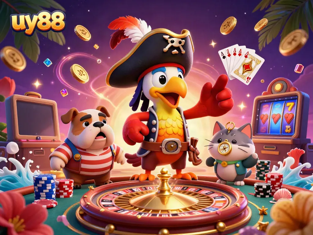 Experience uy88 excitement with a vibrant casino scene featuring a pirate captain and treasure filled with gold and jewels.