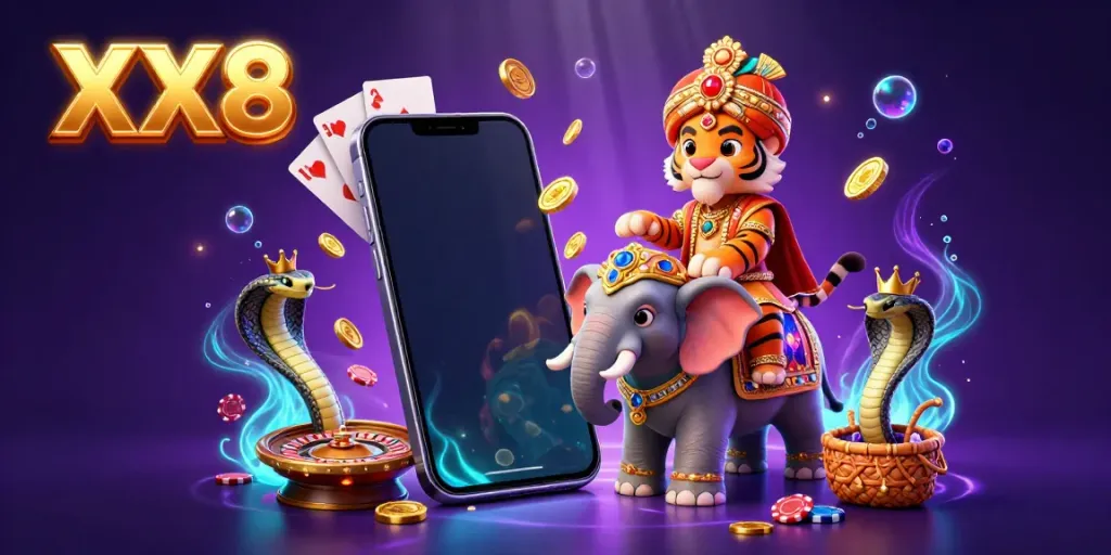 Experience the vibrant online gambling world with XX8's enchanting 3D casino illustration.