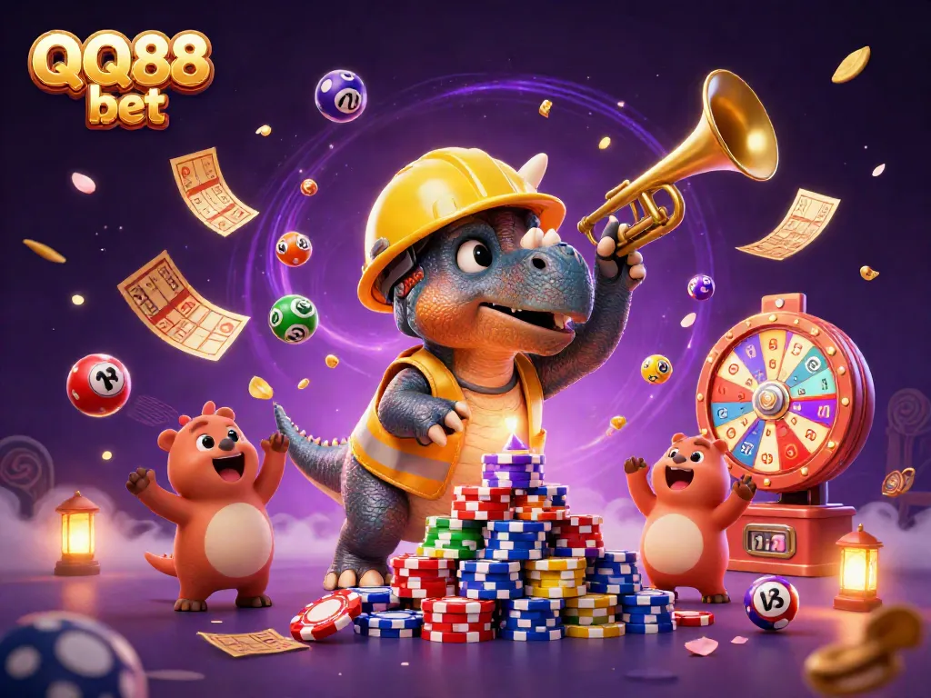 Engage with QQ88 bet's casino excitement featuring a triceratops and lottery elements in a vibrant scene.